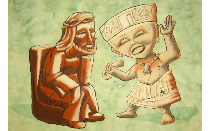 Wooden Christ and Ceramic Mayan